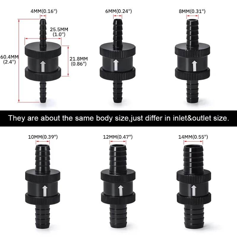 4/6/8/10/12/16mm 6Size One Way Valves Aluminium Alloy Fuel Non Return Check Valve One Way Carburettor Petrol Diesel Accessory