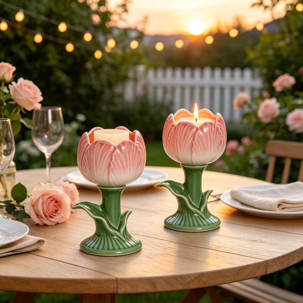 Pink Tulip Ceramic Candle Holder Floral Stem Candlestick Tabletop Tealight Holder for Wedding Home Room Decor