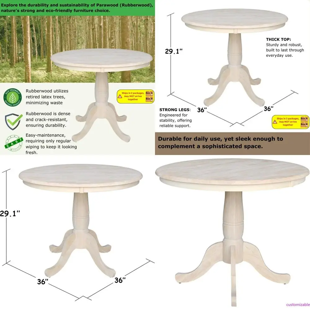 Round Pedestal Dining Table with Solid Parawood Construction, 36 Inches, Unfinished