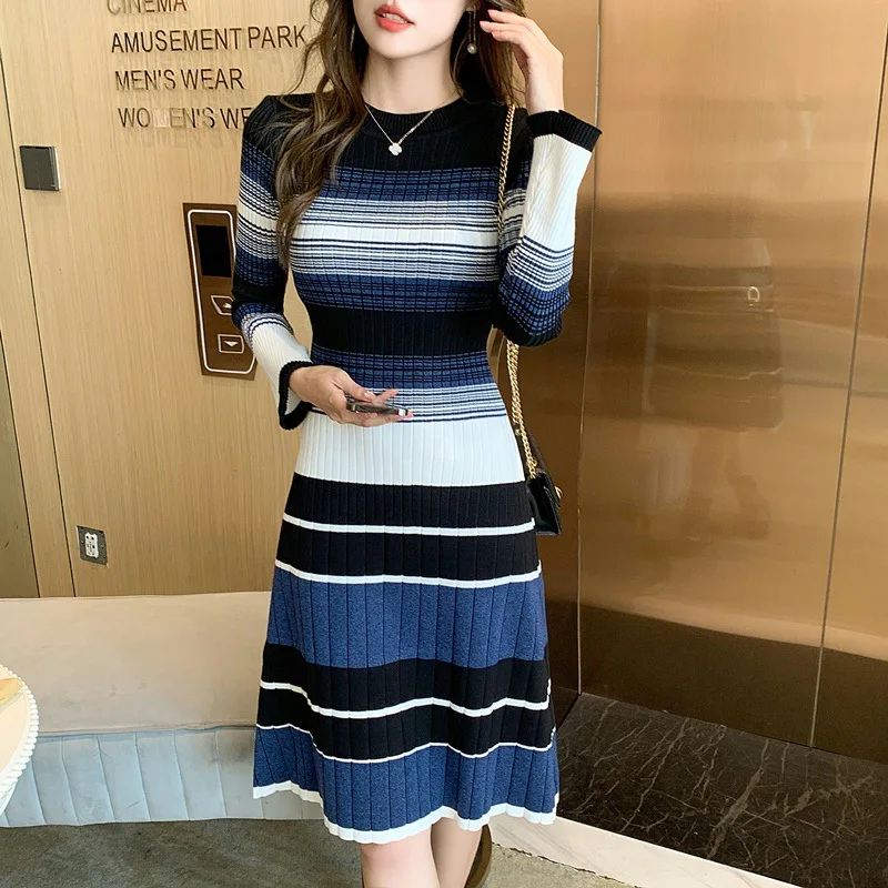 

Sweater Dress For Woman Casual Autumn Winter Knitted Korean Fit and Flare Big Swing O-neck Long Sleeve Elegance Sweet E1691