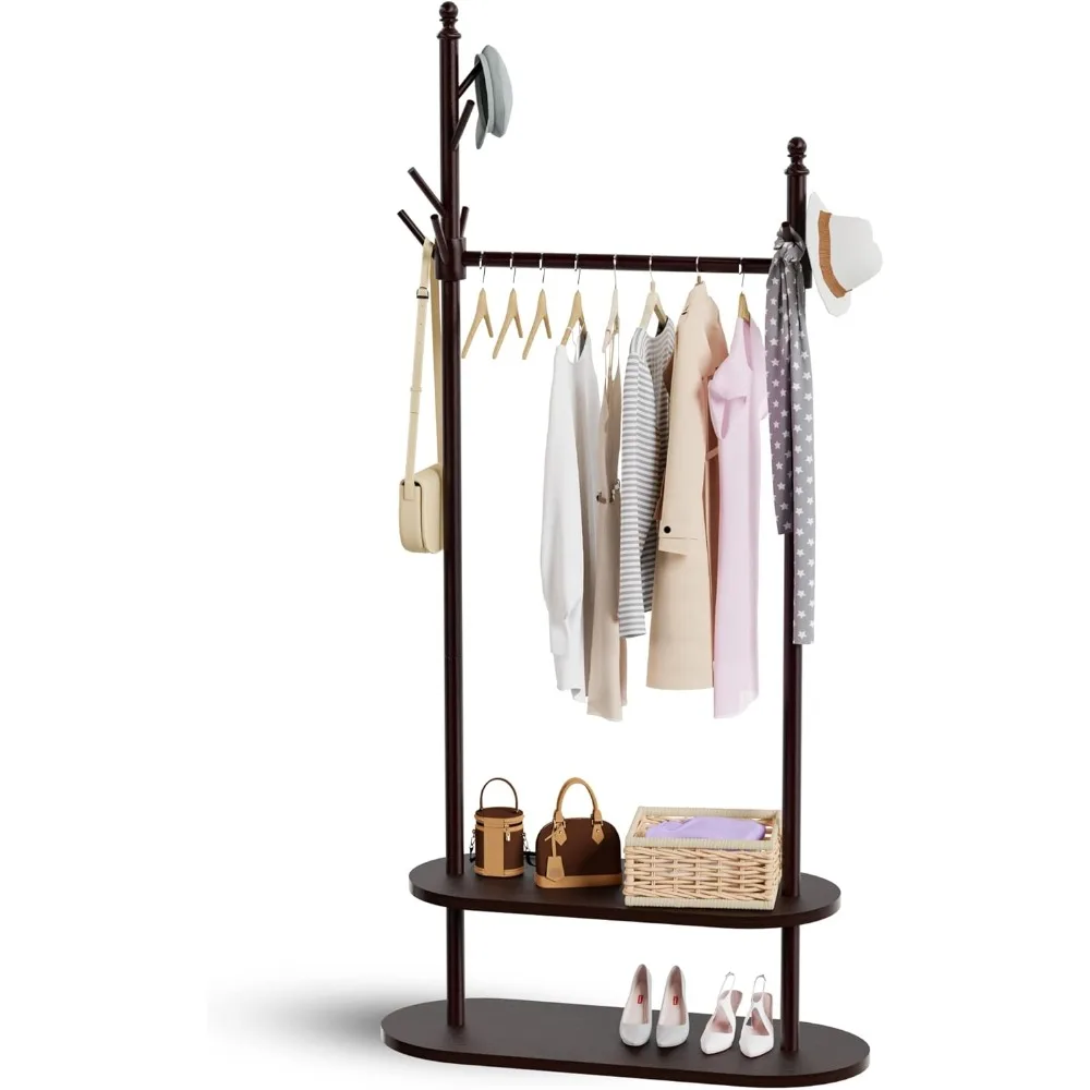 2-Tier Coat Rack Freestanding, Easy Assemble 8 Hooks Wooden Coat Rack with Shoe Storage Sturdy Coat Tree Save Space, Rustic Coat