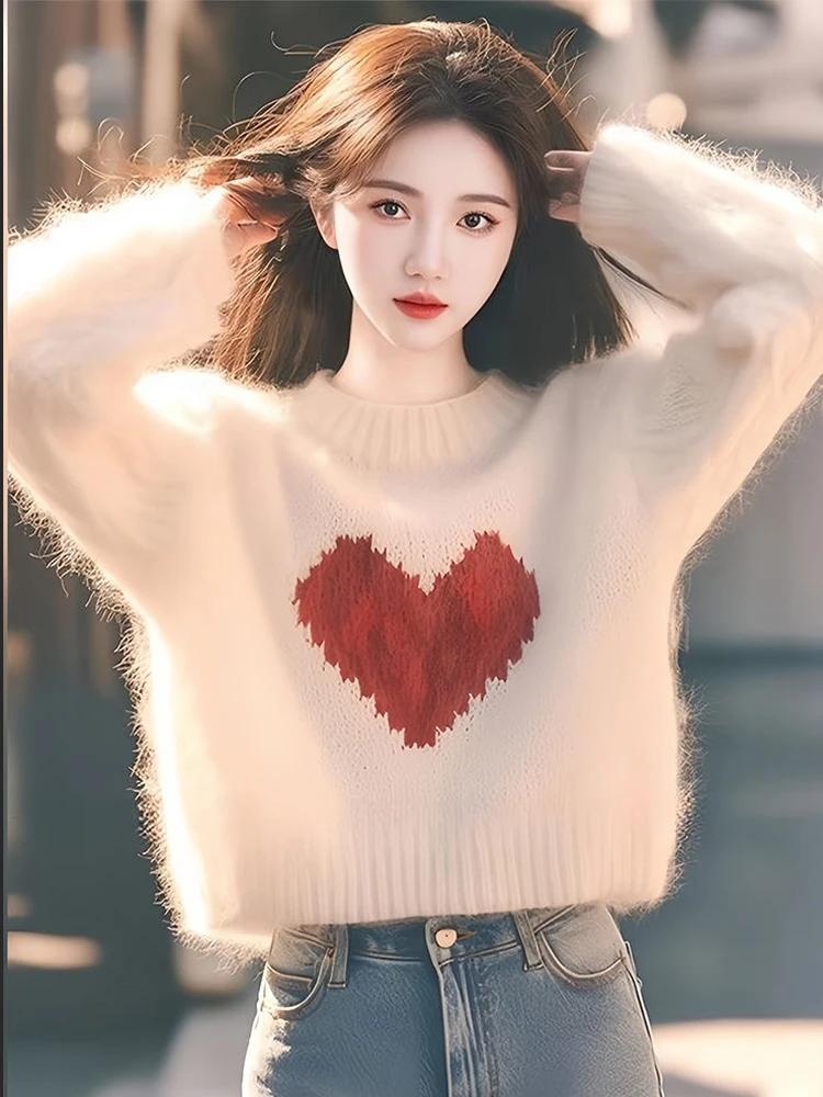 

Women Fashion Sweet Round Neck Long Sleeve Heart Jacquard Contrast Color Short Sweaters Autumn Winter New Pullovers