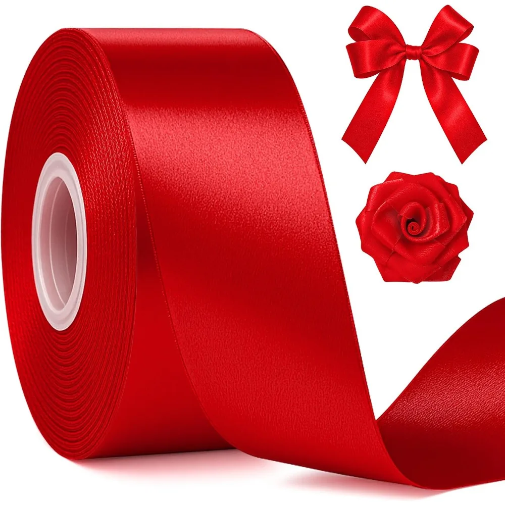1/1.5 Inch 24Yards Red Polyester Satin Ribbon Smooth Glossy Stitched Edge For Gift Wrapping Christmas Valentine DIY Crafts