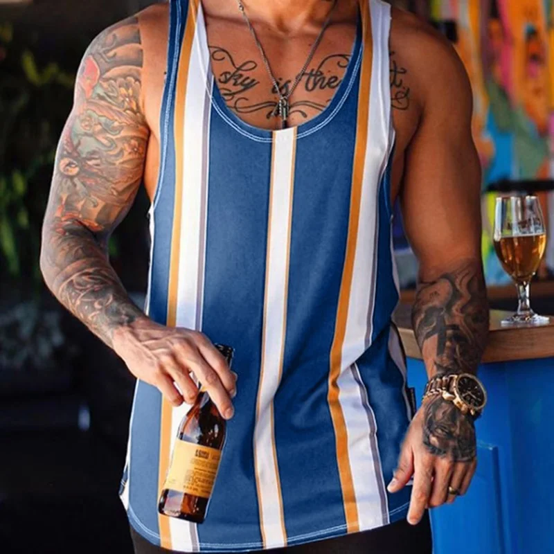 3D Print Colorful Stripe Geometry Tank Tops For Man Color Block Pattern Tees Summer Casual Vest Oversized Sports Street Tank Top