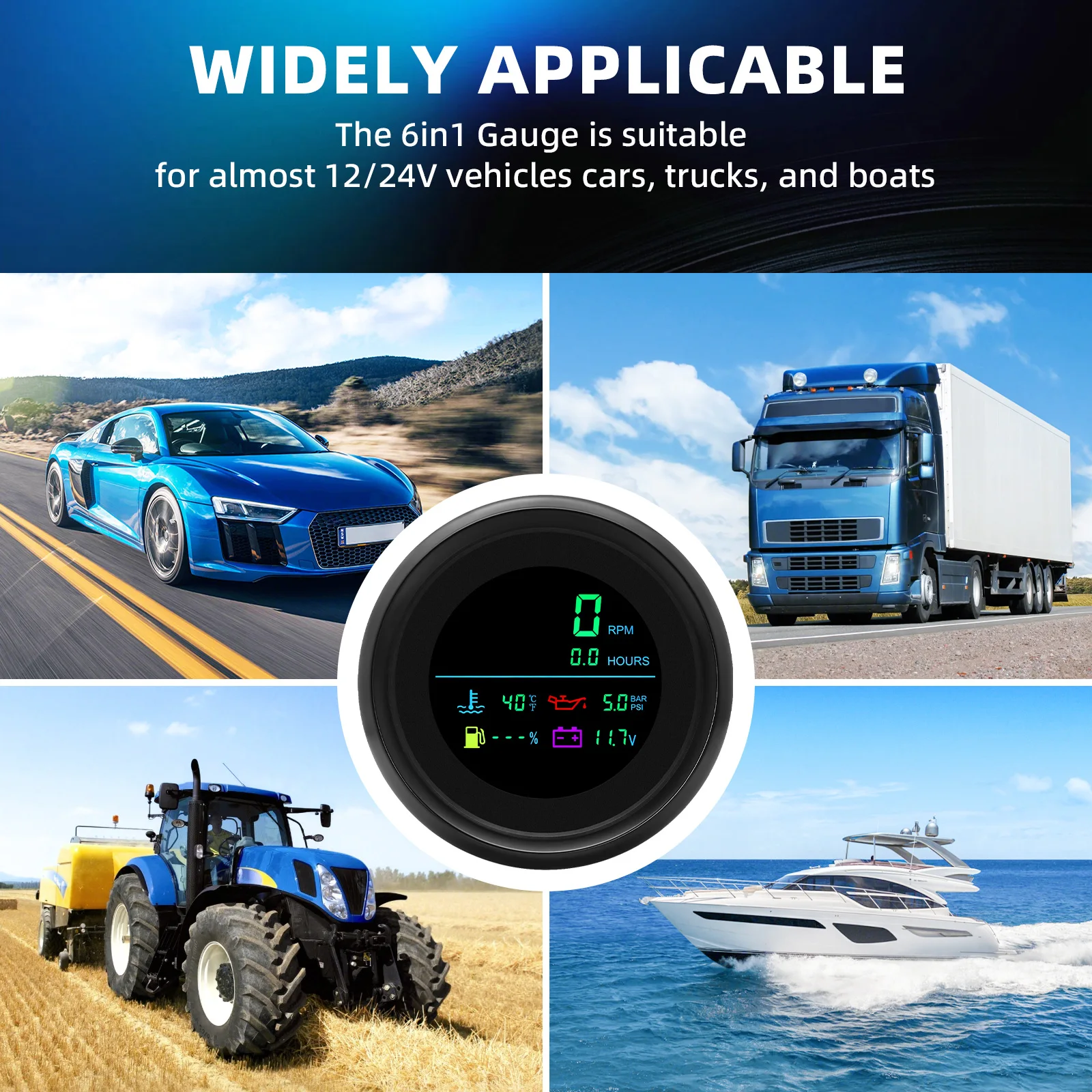 85mm 6 in 1 Tachometer Fuel Level Water Temperature Oil Pressure Voltmeter Hour Meter LCD Gauge For Boat Car 12V Customized