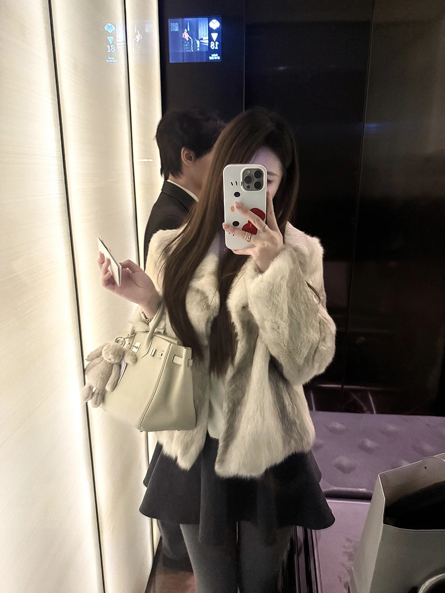 

Elegant Double-Dye Rabbit Fur Jacket Slimming Outerwear Top NAOAO Snow Mountain Rabbit Long Sleeve Short Style Women's Fashion