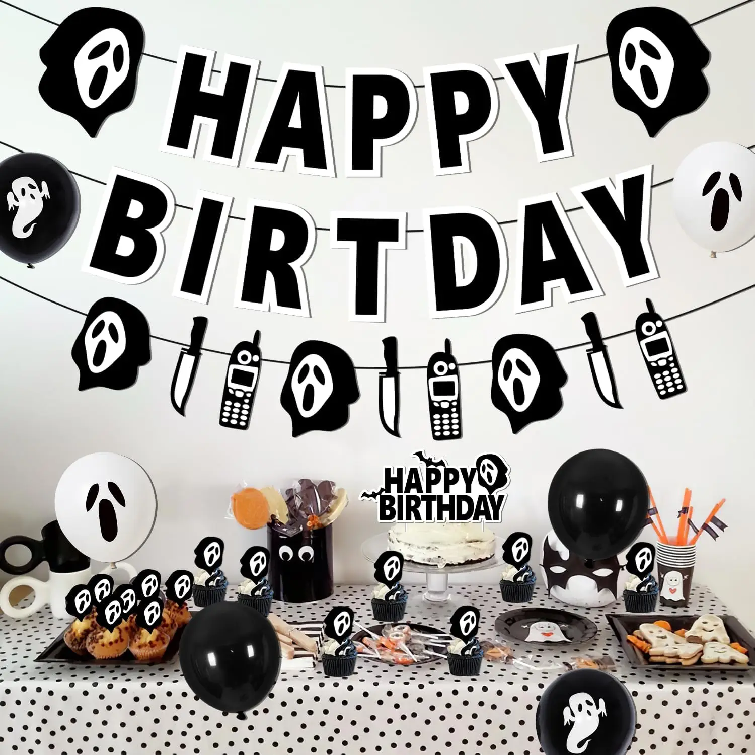 Funmemoir Halloween Horrors Movie Birthday Party Happy Birthday Banner Ghost Cupcake Toppers Latex Balloons Party Decor Supplies