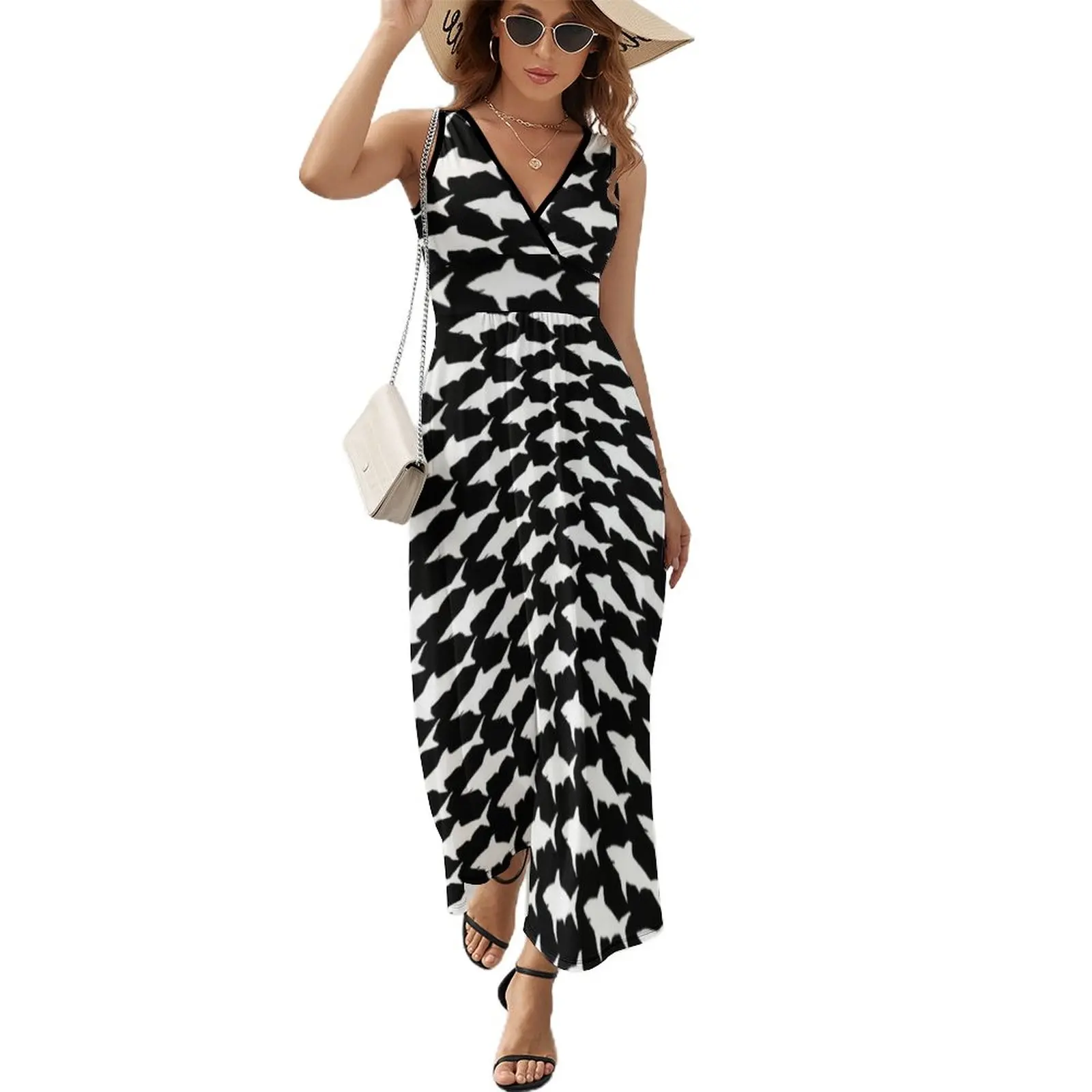 Black And White Shark Dress Cute Sharks Vintage Boho Beach Long Dresses V Neck Graphic Maxi Dress Aesthetic Vestido Oversized