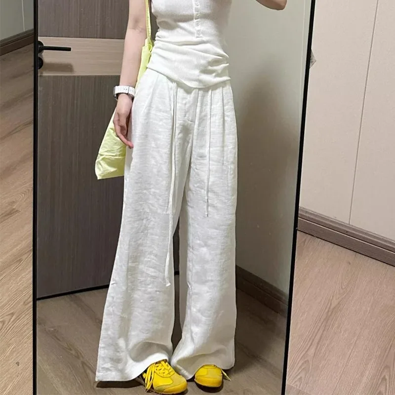 Women High Waist White Linen Wide Leg Pants Drawstring Loose Straight Casual Trousers Extra Long Summer Thin