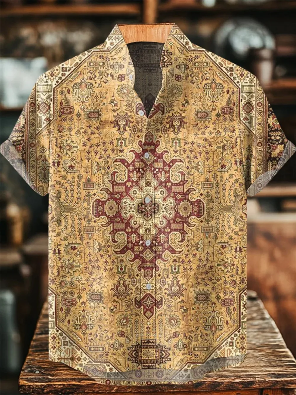 

Men's Ethnic Tribal Totem Printed Short Sleeve Shirt Stand Collar Design Button Detail Linen plus Size Fast Shipping 2025 New