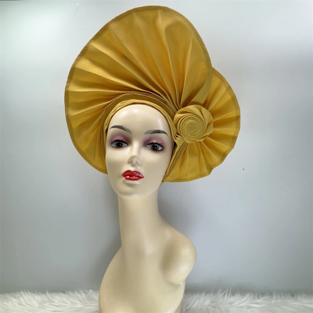 Venta al por mayor de Color puro para mujer, envoltura para la cabeza, tocado africano Aso Oke Gele, última gorra de turbante africano para mujer, Auto Gele para fiesta de boda