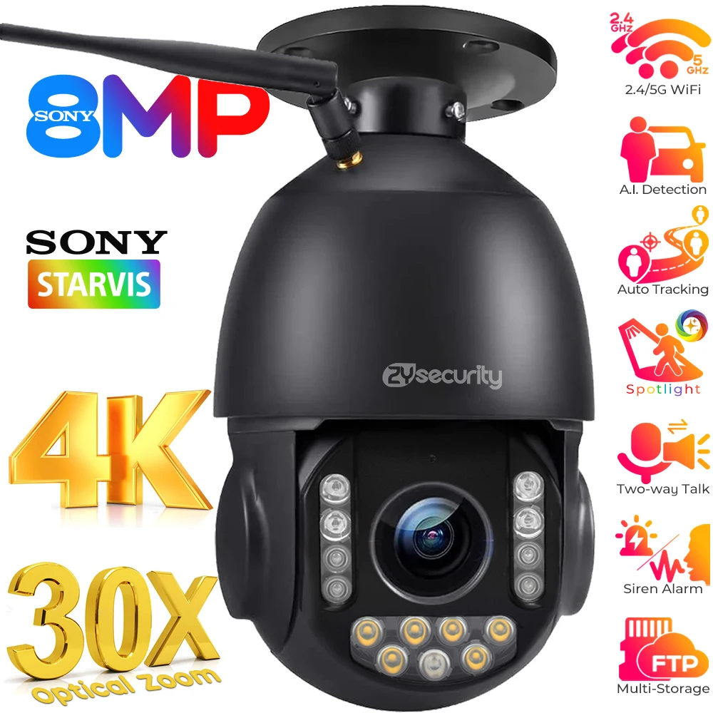 4K 8MP 30X ซูม WiFi กล้องเฝ้าระวังกลางแจ้งเพดานการติดตามอัตโนมัติโดมความเร็ว PTZ สี Night Vision PoE กล้อง IP