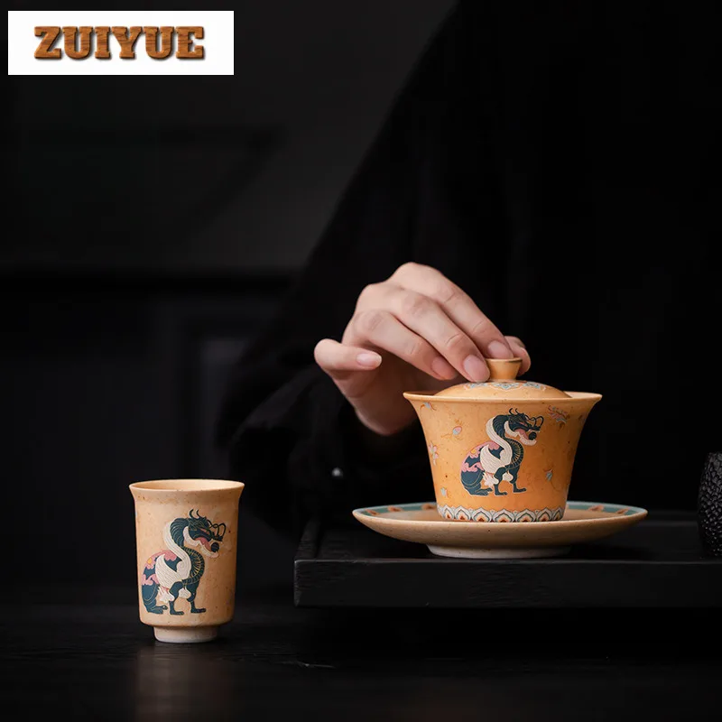 140ml Lucky Beast Three Talents Gaiwan Chinese Kiln Change Glaze Tea Tureen Tea Brewing Cover Bowl Chinese Ancient Tea Set Craft