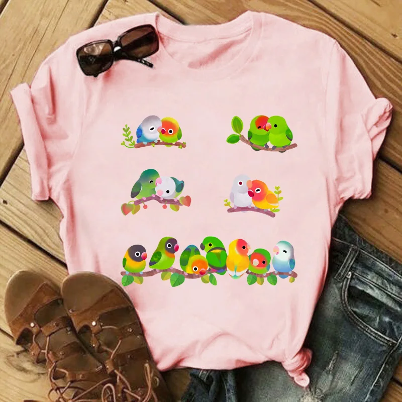 Summer Cartoon Animal Parrot Print Round Neck Short Sleeve T-shirt Base for Women Fashion T Shirt Women Casual Clothes Y2k Tops