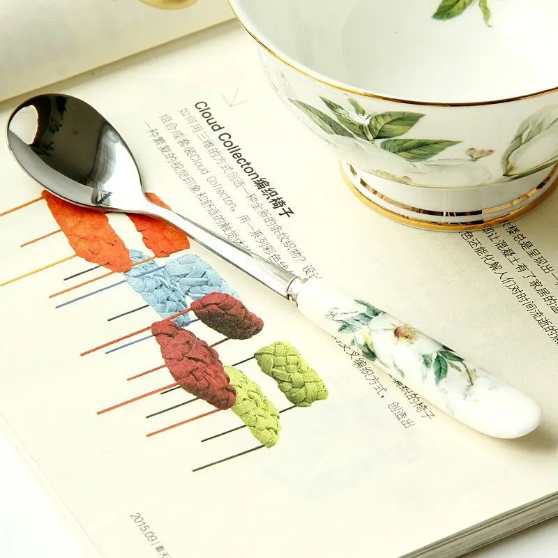 Stainless Steel Coffee Spoon Set, Teaware, Teaspoon with Ceramic Handle, Flower Tea Teaware Accessory, 6PCs