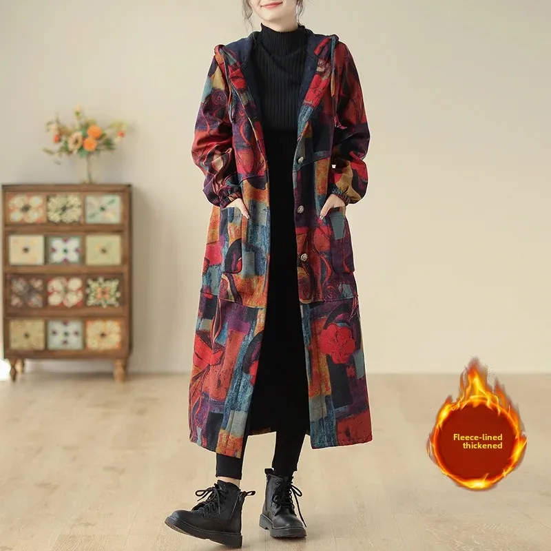 Thickened Fleece-Lined Cotton Coat Loose-Fit Hooded Printing Jacket New 2023 Autumn Winter Style For Mothers