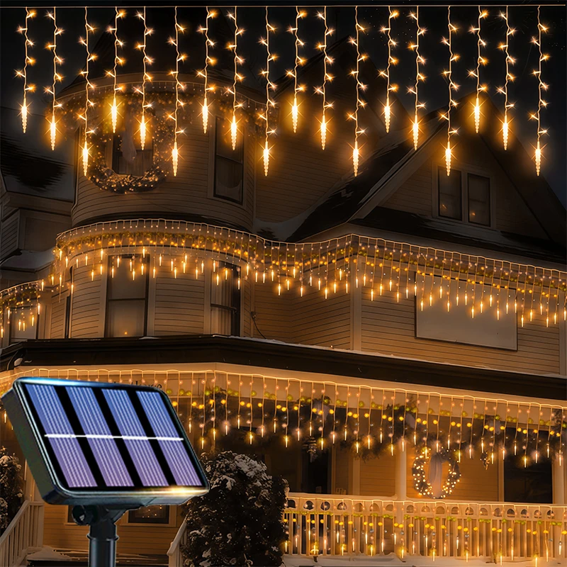 96/162LED Garland LED Icicle Curtain String Lights Droop Outdoor Solar Light String Garden Street Wedding Decorative Lighting
