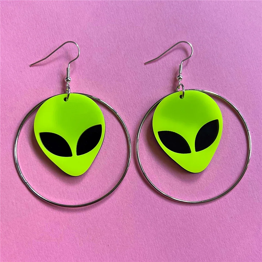 Fashion Cute Acrylic Bright Green Alien Pendant Earrings