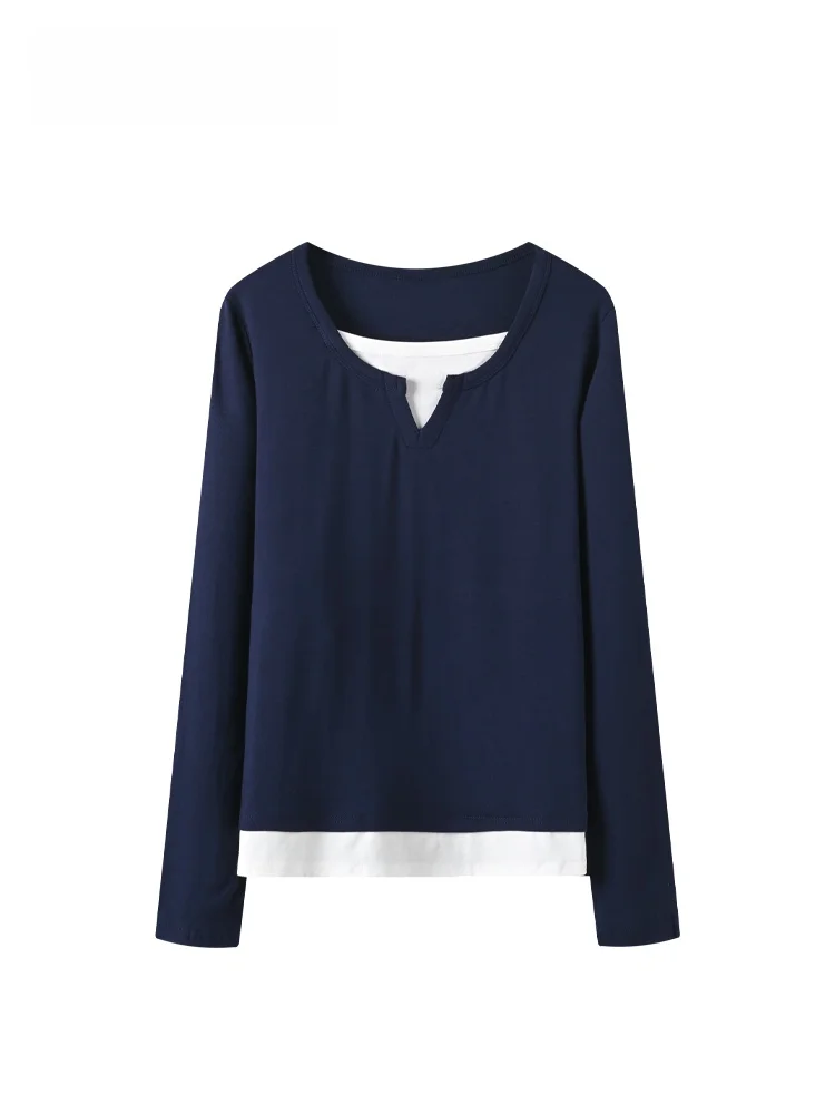 

plus Size Long Sleeve T-Shirt Women's Spring New Style Conceal Meat Slimming Top Trendy Casual Loose Fit Cotton Blend