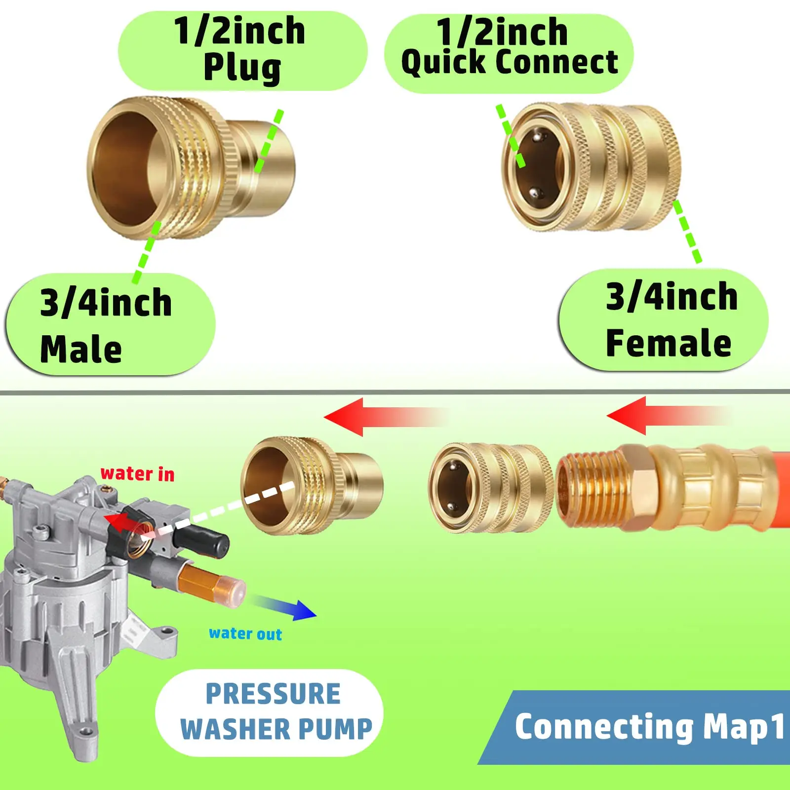 Lavadora de pressão Adapter Set, Quick Release Connect Mangueira Fittings Kit, Acoplador de latão, 3/8 \