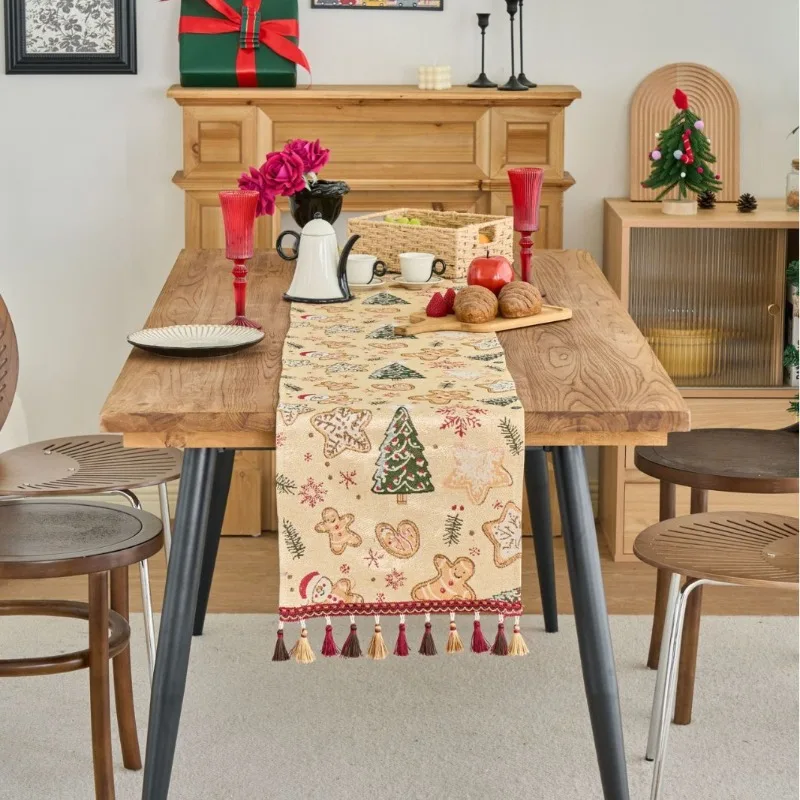 1PC Christmas Gingerbread Man Table Flag Retro Jacquard Gold Silk Fringed Tea Flag Meal Flag Long Strip Home Textiles Daily