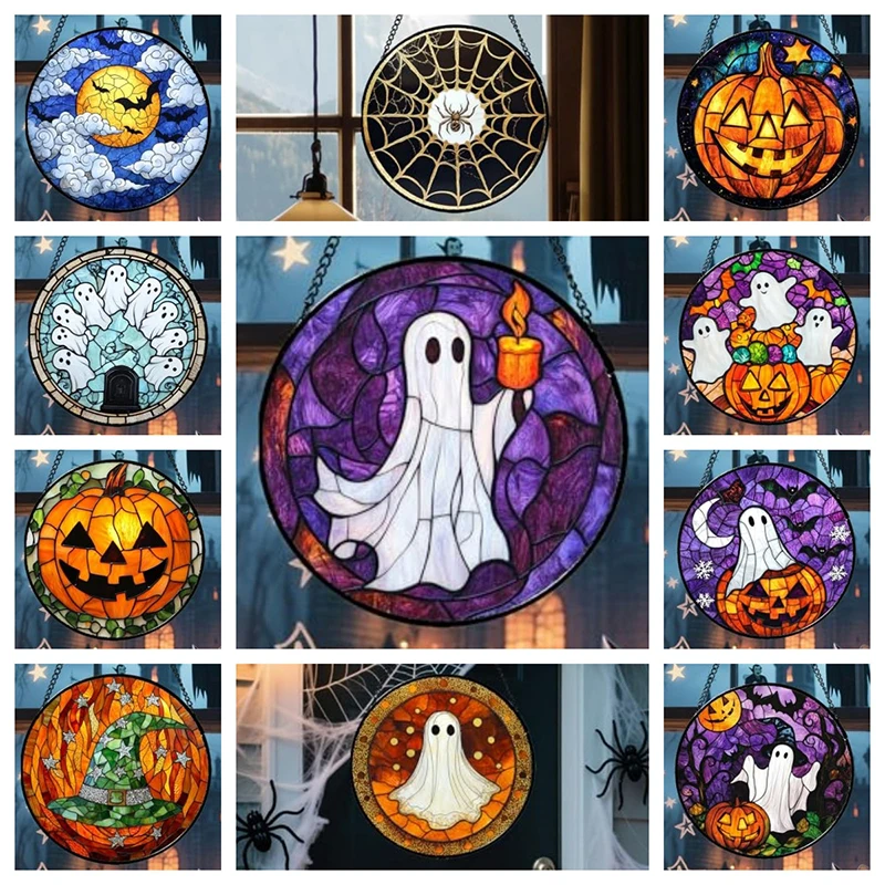 Adorno Colgante  Cristal para Ventana  Halloween, con Patrón  Fantasma y Calabaza, Decoración Colgante para el Hogar  Ha
