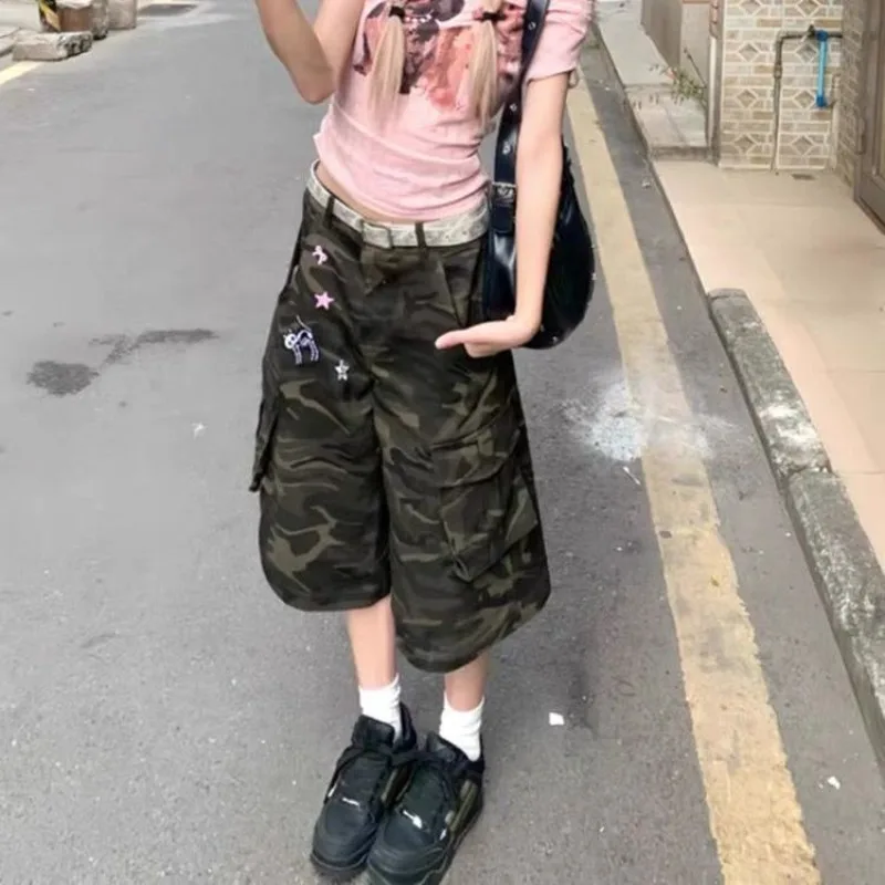 

American Retro Camouflage Straight Knee Length Jeans Women High Waist Loose Pocket Wide Leg Pants