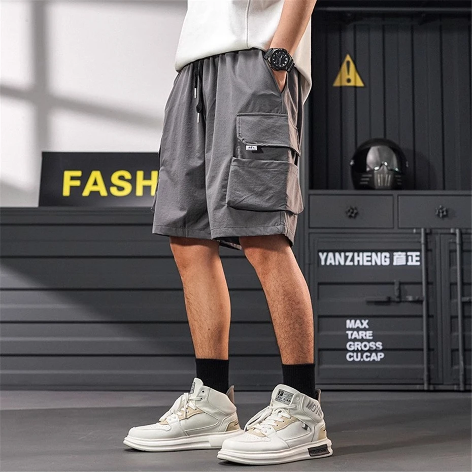 

Летние тонкие шорты-карго, мужские уличные брюки в стиле хип-хоп, панк, повседневные короткие мешковатые брюки с большими карманами, мужские брюки длиной до колена