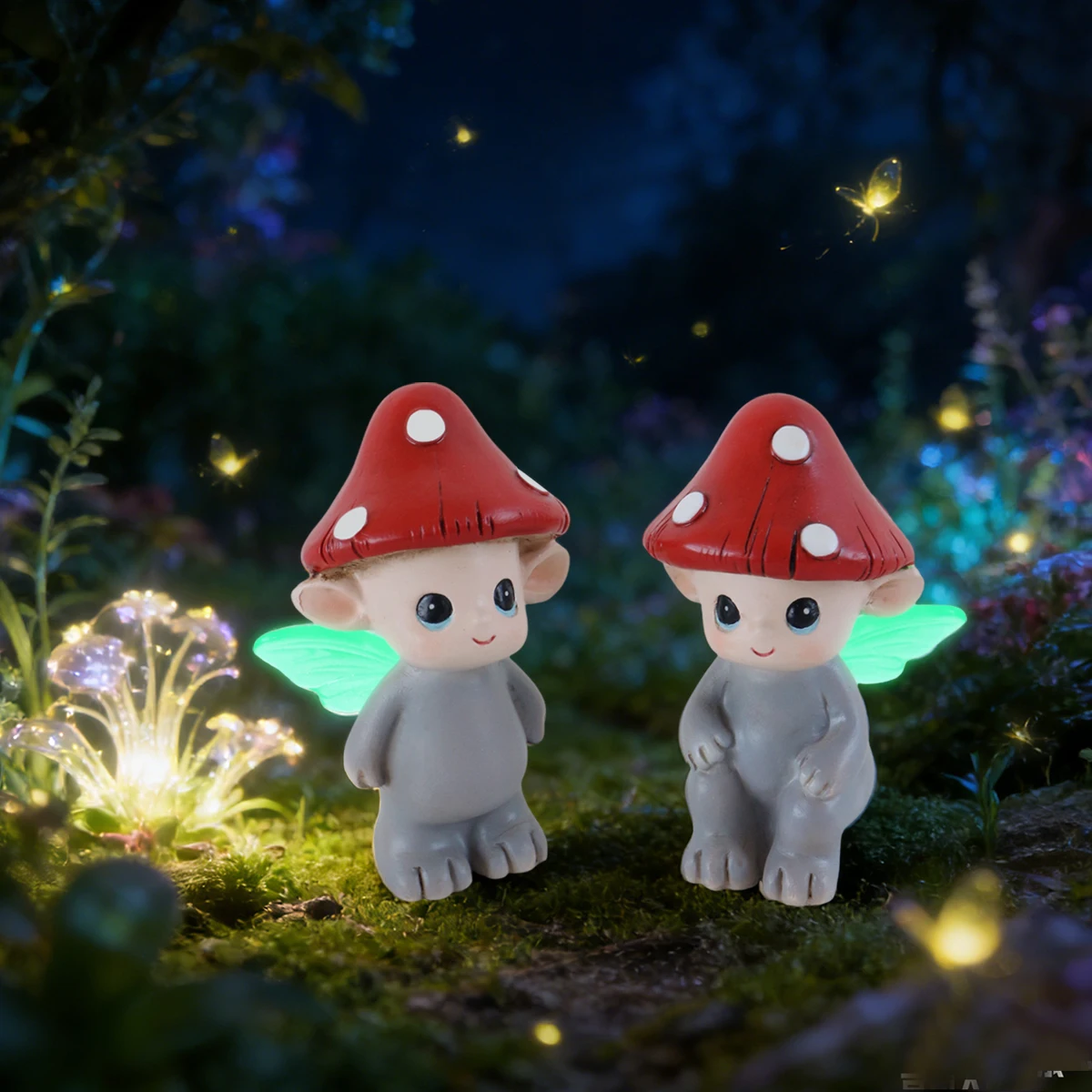 2-PCS Fluorescent Wings Mushroom Elf, Garden Bonsai Mushroom Elf Ornament, Resin Crafts