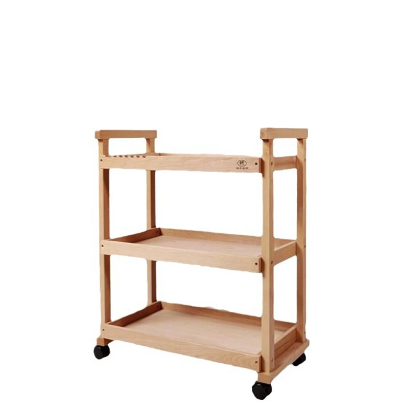 Movable oil painting tool cart Art painting cart three-layer solid wood paint storage rack, wooden painting storage cart