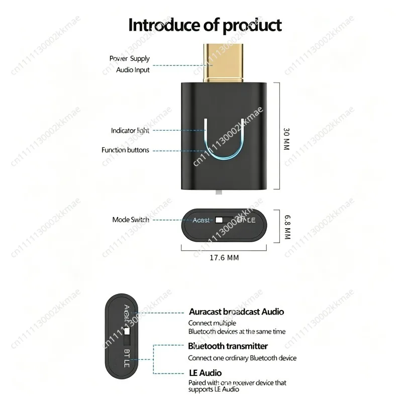 For Tebe LE Audio LC3 BT 5.4 Audio Transmitter Aptx-LL/HD Type-C Wireless Stereo Music Adapter With Auracast For PC TV PS4/5