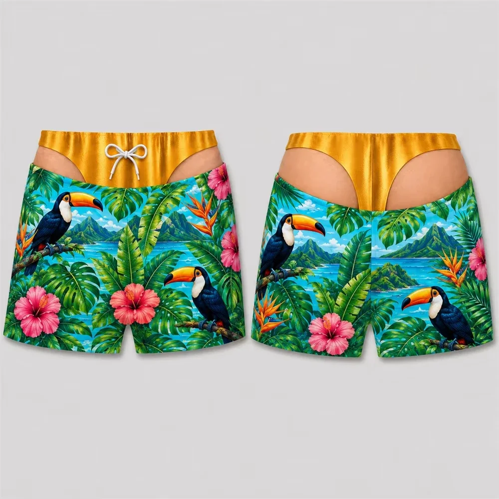 Herren-Badehose mit ausgefallenem Schnitt, 3D-Druck, tropischer Sonnenuntergang, Ozean-Tiermuster, elastischer Kordelzug, Sommer-Strandparty-Shorts – Detail 13