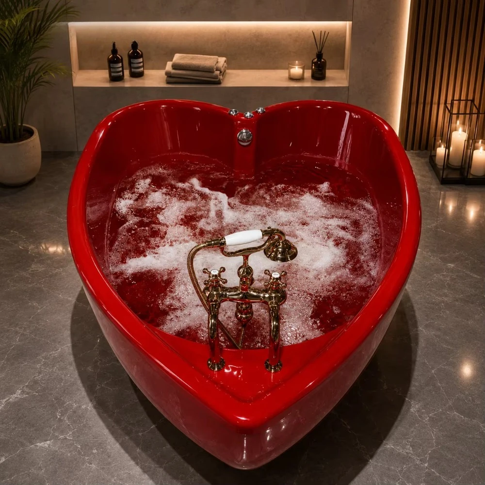 Modern heart-shaped acrylic bathtub, standalone couple massage bathtub, indoor spa bathtub with LED lights
