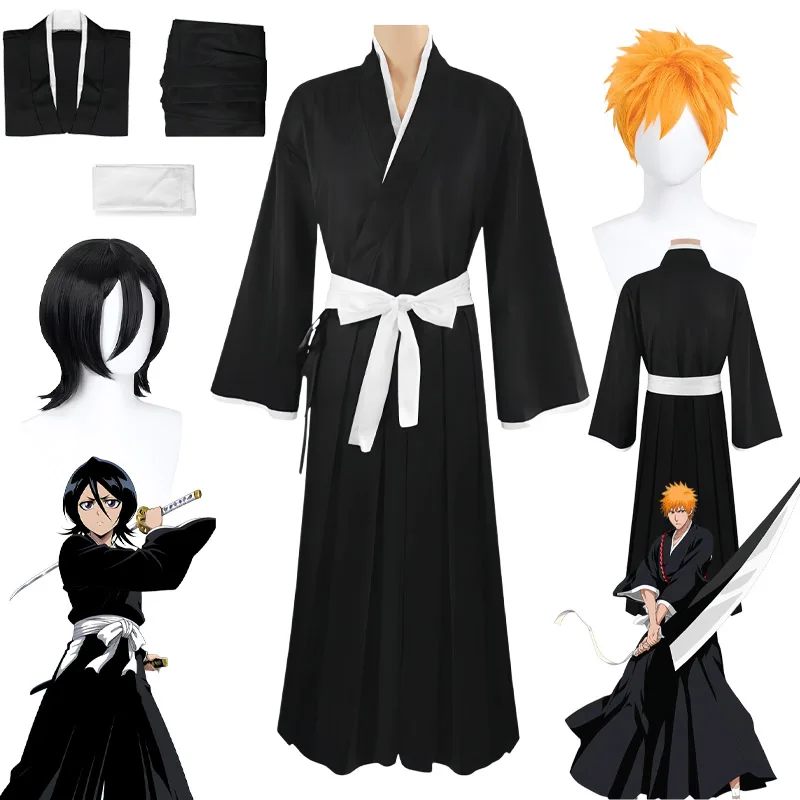 Disfraz de Cosplay de Anime Kurosaki Ichigo, Disfraz de Cosplay de Kuchiki Rukia, Peluca de Cosplay de Bleach, Kimono Negro, Uniforme, Ropa para Fiesta de Halloween