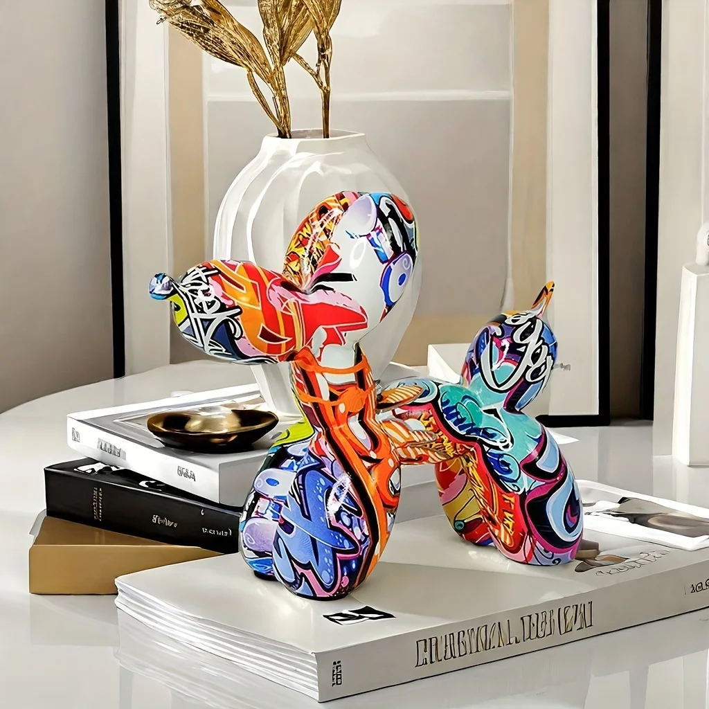 A Graffiti Balloon Dog Sculpture Animal Statue Art Ornament Home Suitable For Living Room Bookshelf, TV Cabinet, Office Desk