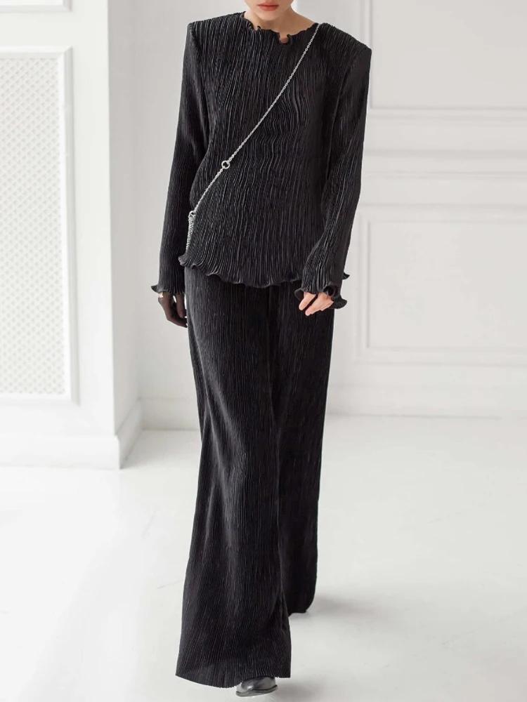 Conjunto de traje cómodo de color sólido con diseño arrugado, conjunto diario para el hogar, top y pantalones de manga larga con cuello redondo, conjunto de dos piezas