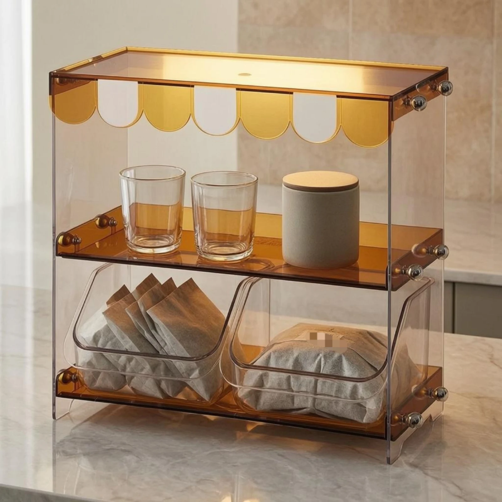 Desktop Organizer Shelf Acrylic Tea Bag Rack Countertop Storage Rack Multi-Layer Clear Side Panels