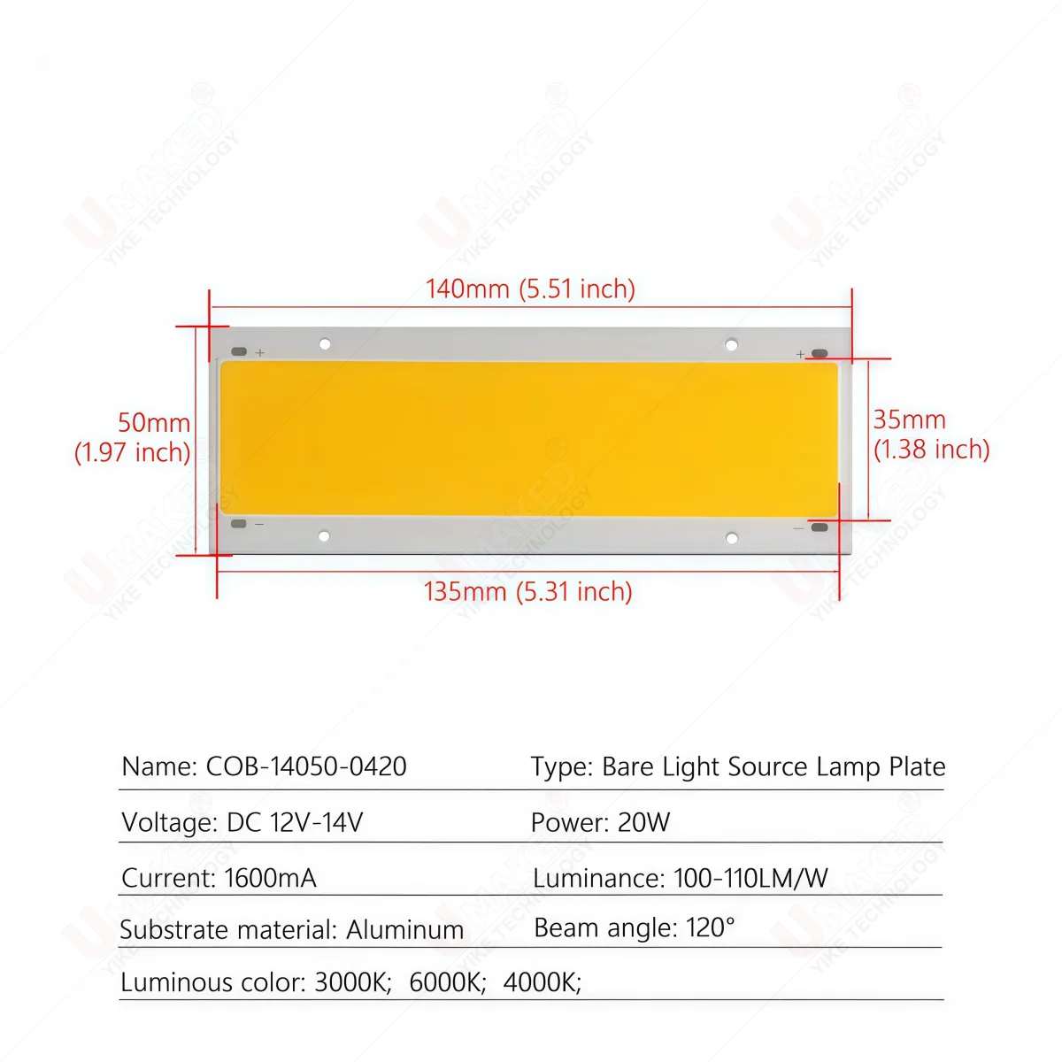 140*50mm 20W DC12-14V 1600mA Highlight LED COB Light Source Panel Lamp Rectangular Aluminum Substrate Warm Natural White Light