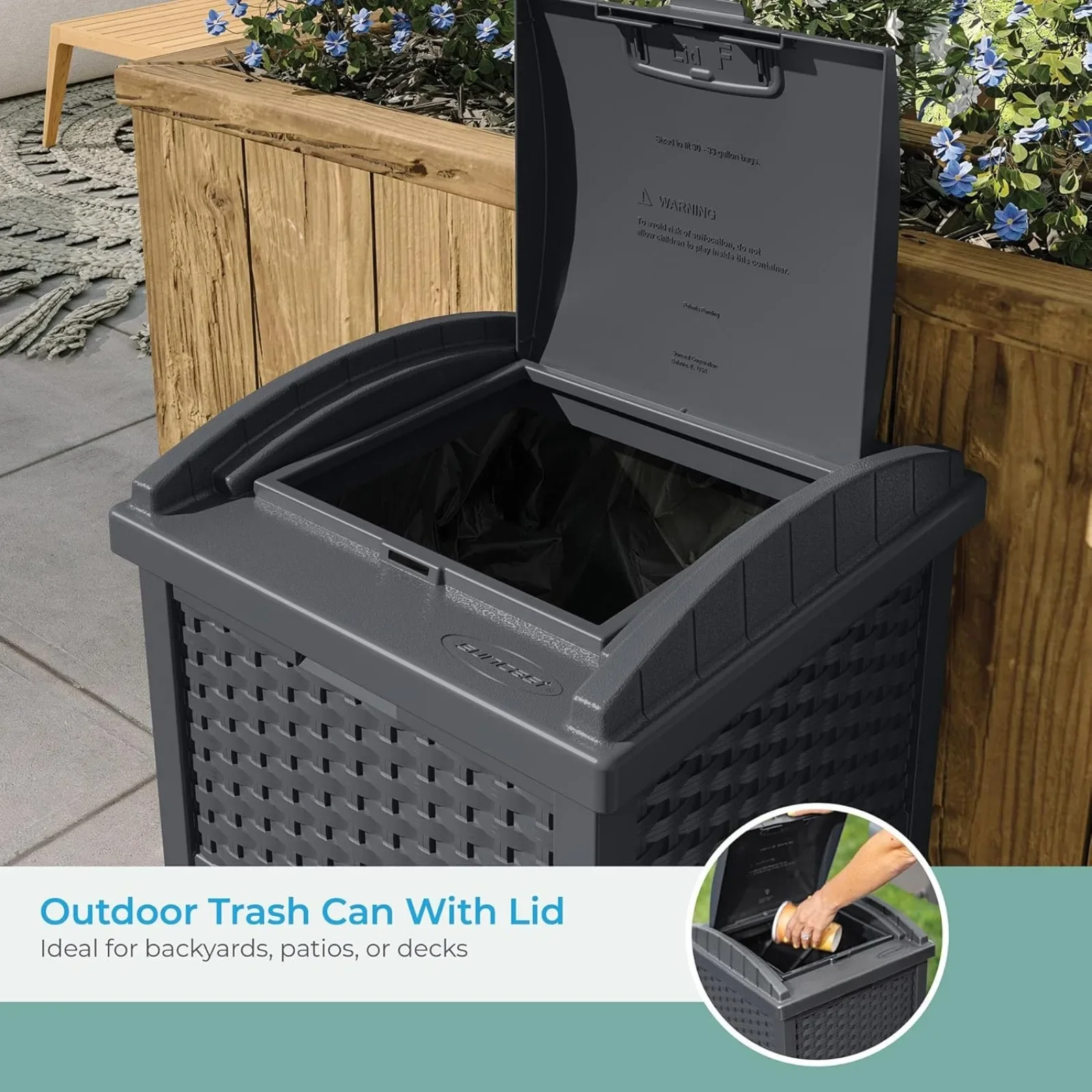 33 Gallon Resin Outdoor Hideaway Patio Trash Can, Cyberspace Grey