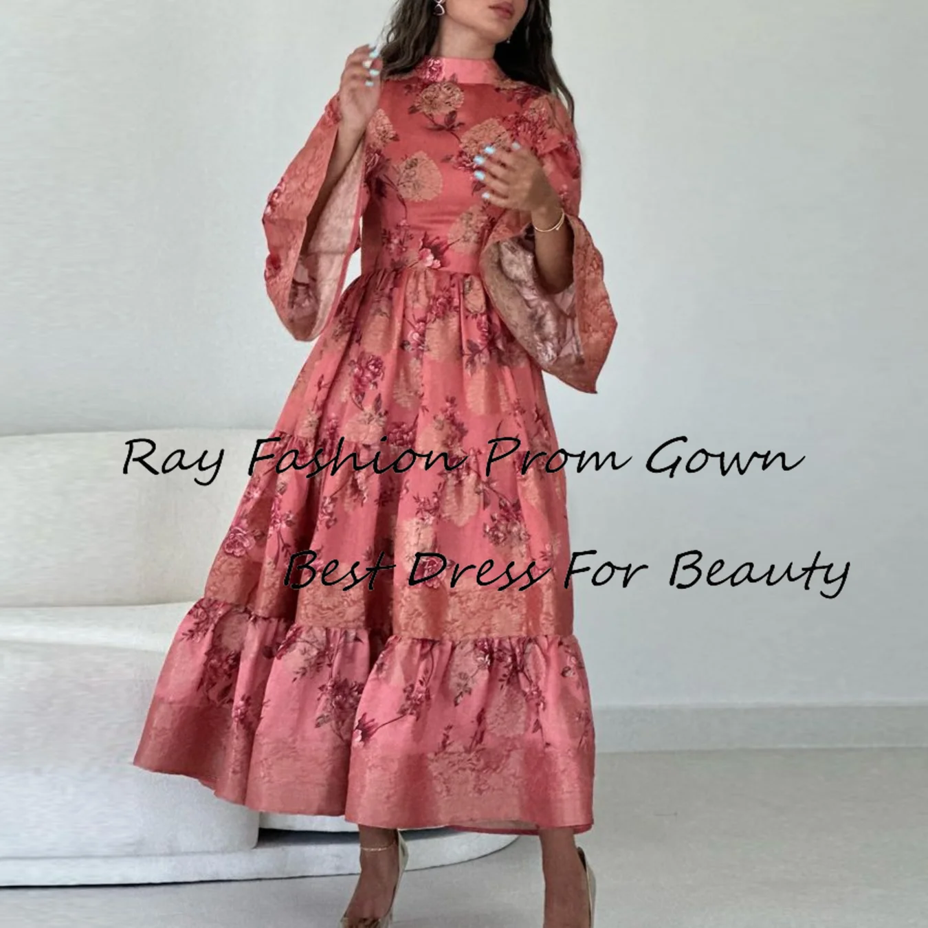 Ray Fashion A Line Prom Dress High Neck With Full Sleeves With Flower Print Tea Length For Formal Occasion فستان حفلة موسيقية