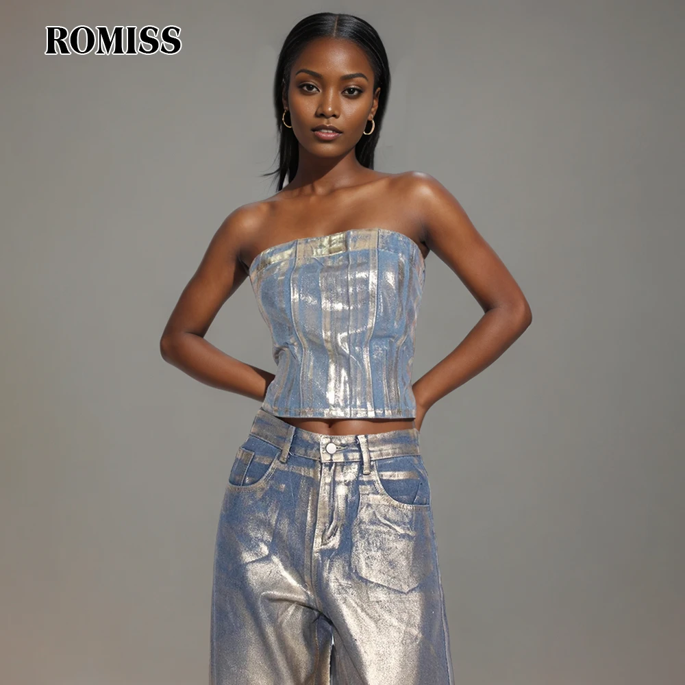 ROMISS splicing sexy back denim vest women's sleeveless spray paint stitching zipper to repair body top 2024 fashion