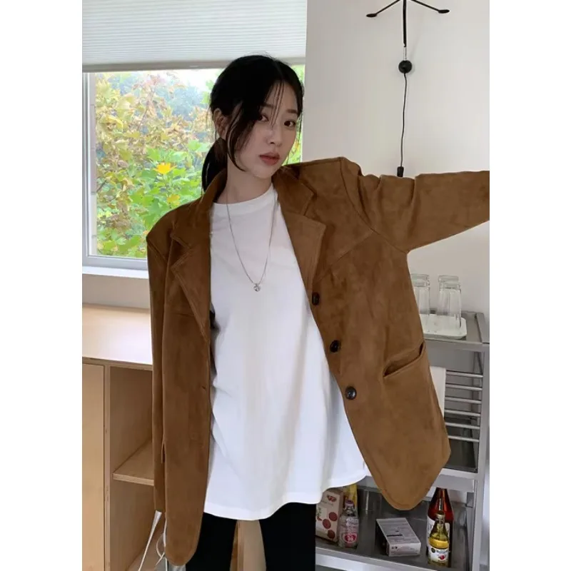 Korean Autumn Winter New American Vintage Coffee-colored Suede Blazer Women Long-sleeve Suit Jacket Female Coats Women Clothing