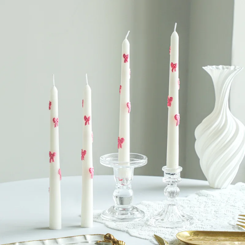 2pc Painted Bow Candle, 2.2x25cm Long Shaped Scented Candle. Home Decoration Candlelight Dining Table Wedding Decoration Props