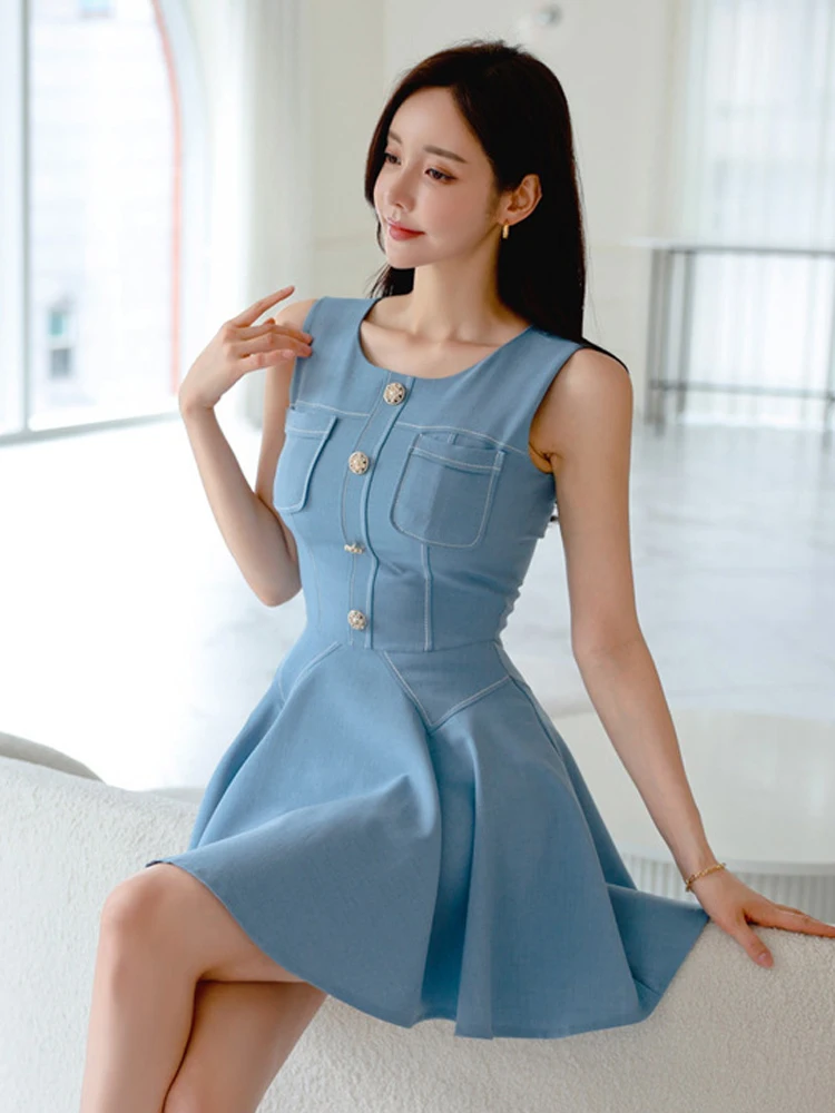 

Korean Fashion Summer Simple Sweet O-Neck Short A-Line Dress Women Mujer Casual Vintage Sleeveless Slim Vestidos Street Clothes