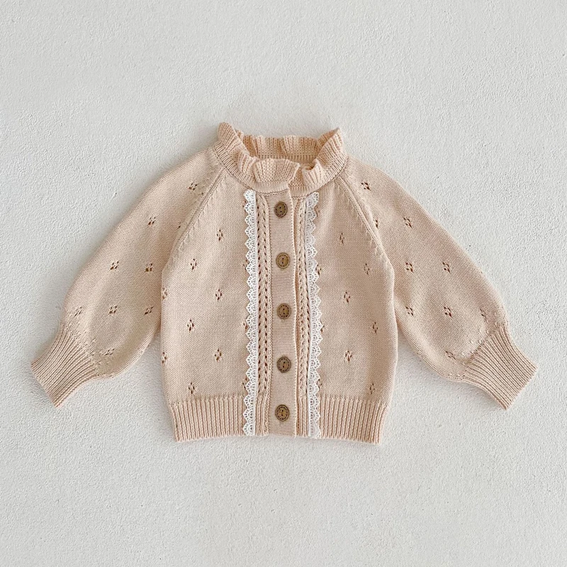 Autumn New 0-2 Year Old Baby Coat for Girls Sweet and Versatile Lace Cardigan with Hollow Wooden Ear Collar and Lace Knitted Coa