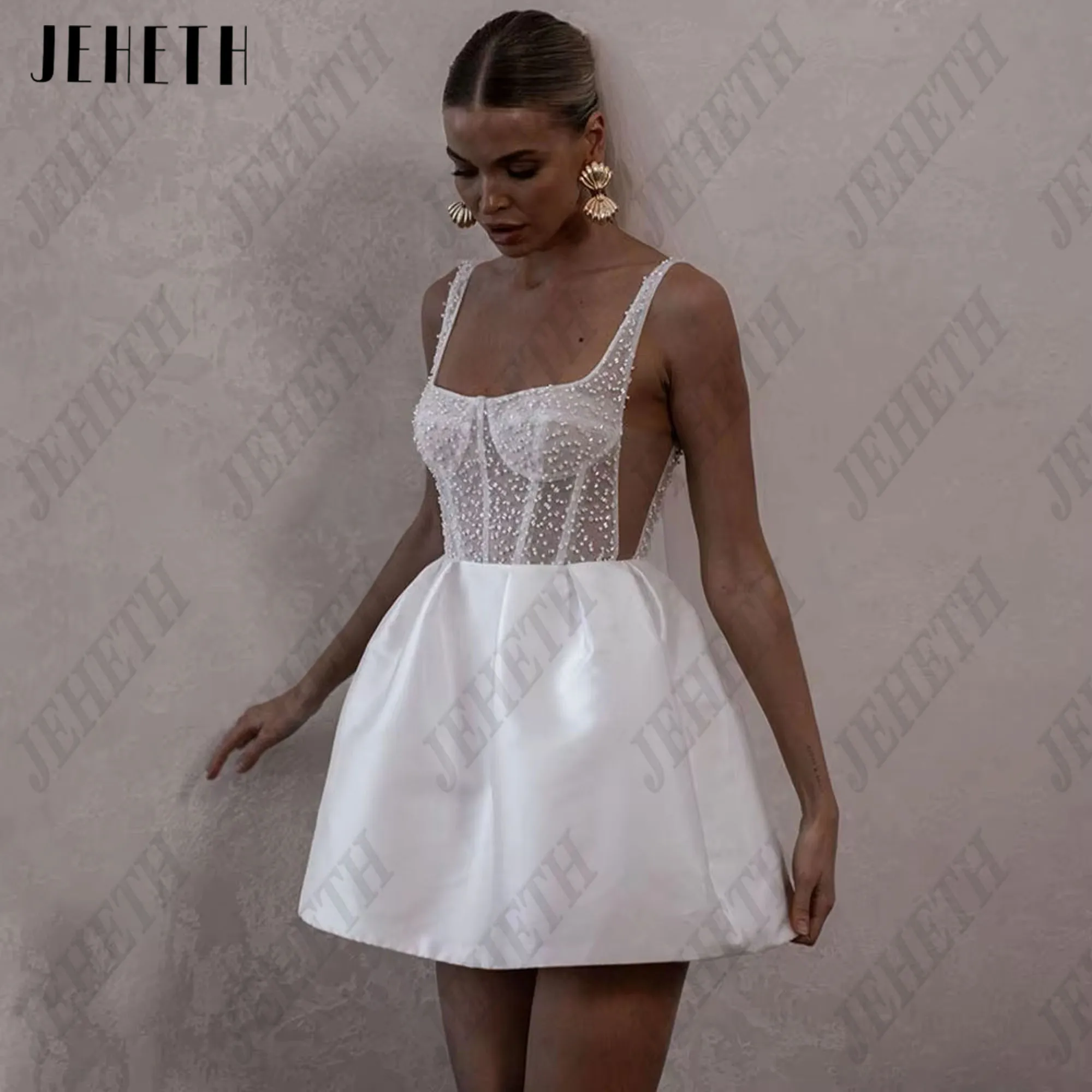 JEHETH Spaghetti Straps Beading Wedding Dress Sleeveless Short Wedding Gowns Backless Mini Bridal Gown vestido de Customized