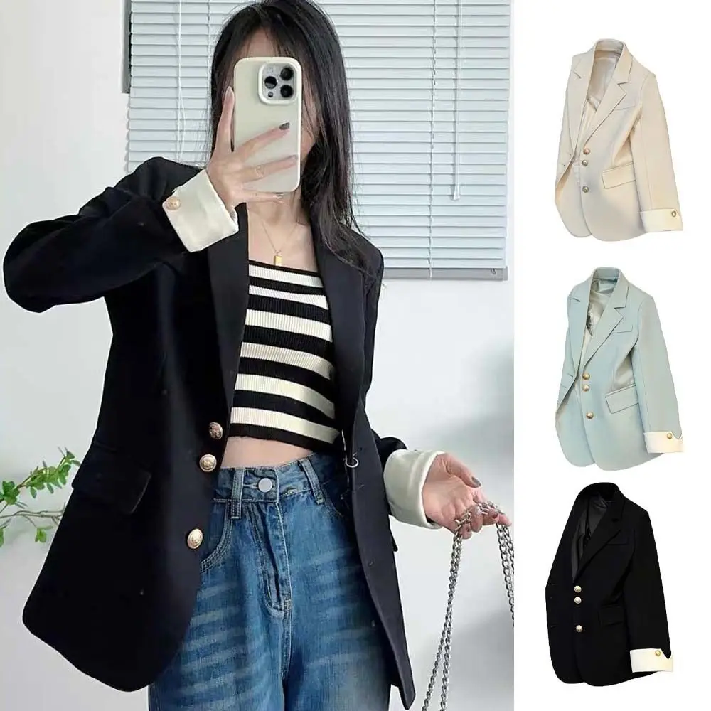 Single-breasted Vintage Suit Jacket Oversized Autumn Spring Notched Coat Women Korean Style Long Sleeve