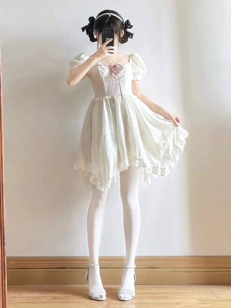 

Princ Sle ort Dr Women's Summer Bubble Sve Waist Cinching Slimming A-Line Skirt High Waist Sweet Sle Casual Wear