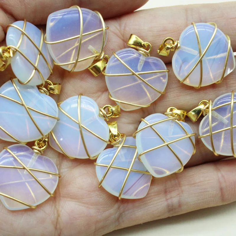 Wholesale10pcs Opal Luminous Stone Gold Color Wire Wrap Handmade Tree of Life Heart Shape Natural Stone Mixed Pendants