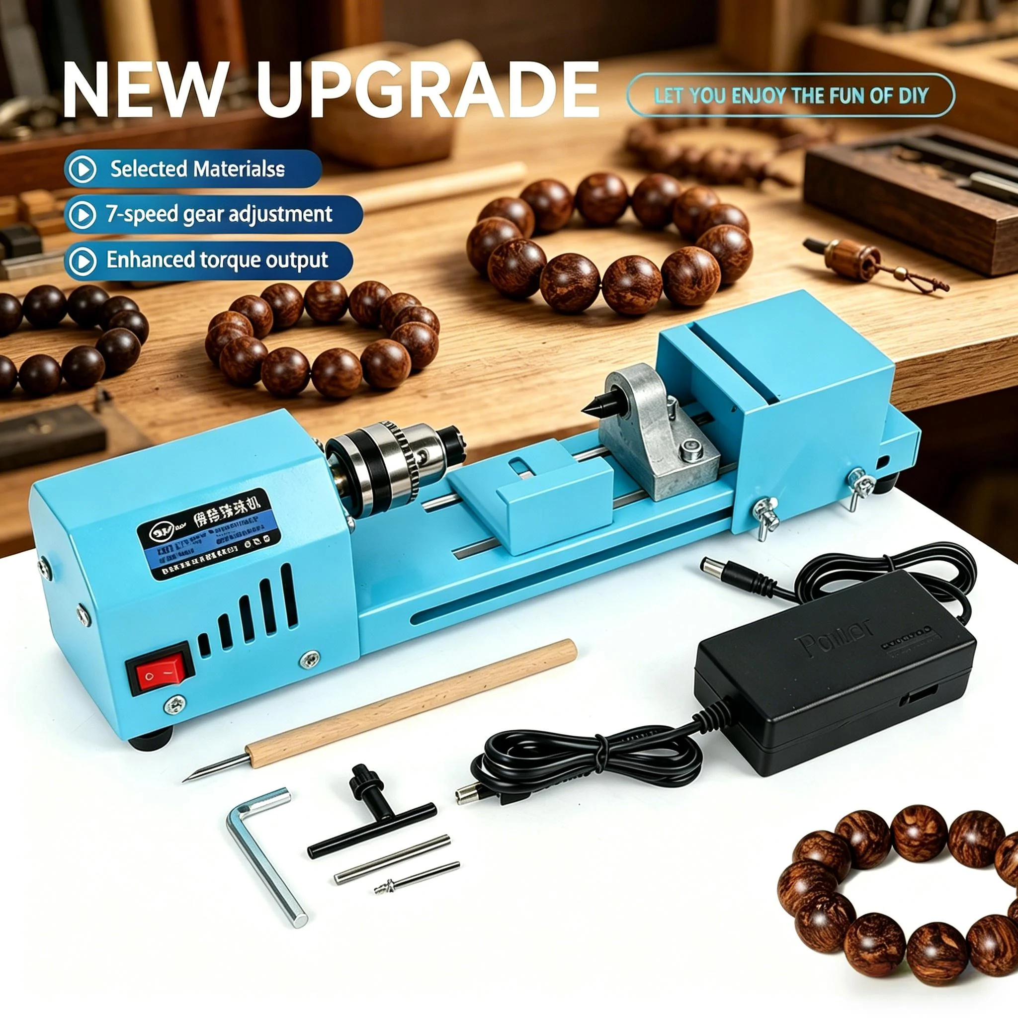 150W Compact Wood Lathe Beads Maker 7 Variable Speed 4000‑7000RPM For Wood Turning Polishing DIY Craft Making Tool